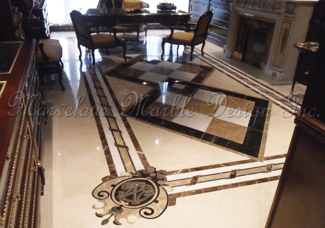 Water jet cut marble floor medallion